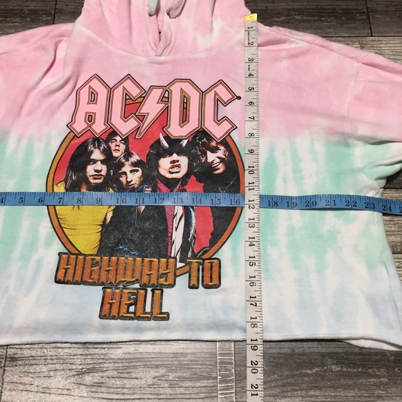 AC/DC Highway To Hell Crop Hoodie Tie Dye Women’s L Pink Green Relaxed - Picture 2 of 9